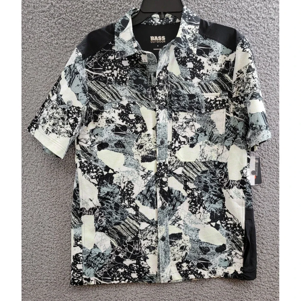 BASS OUTDOOR Trailer A.C. Shirt Men's S Black Beauty/Rock Camo Spread Collar S/S